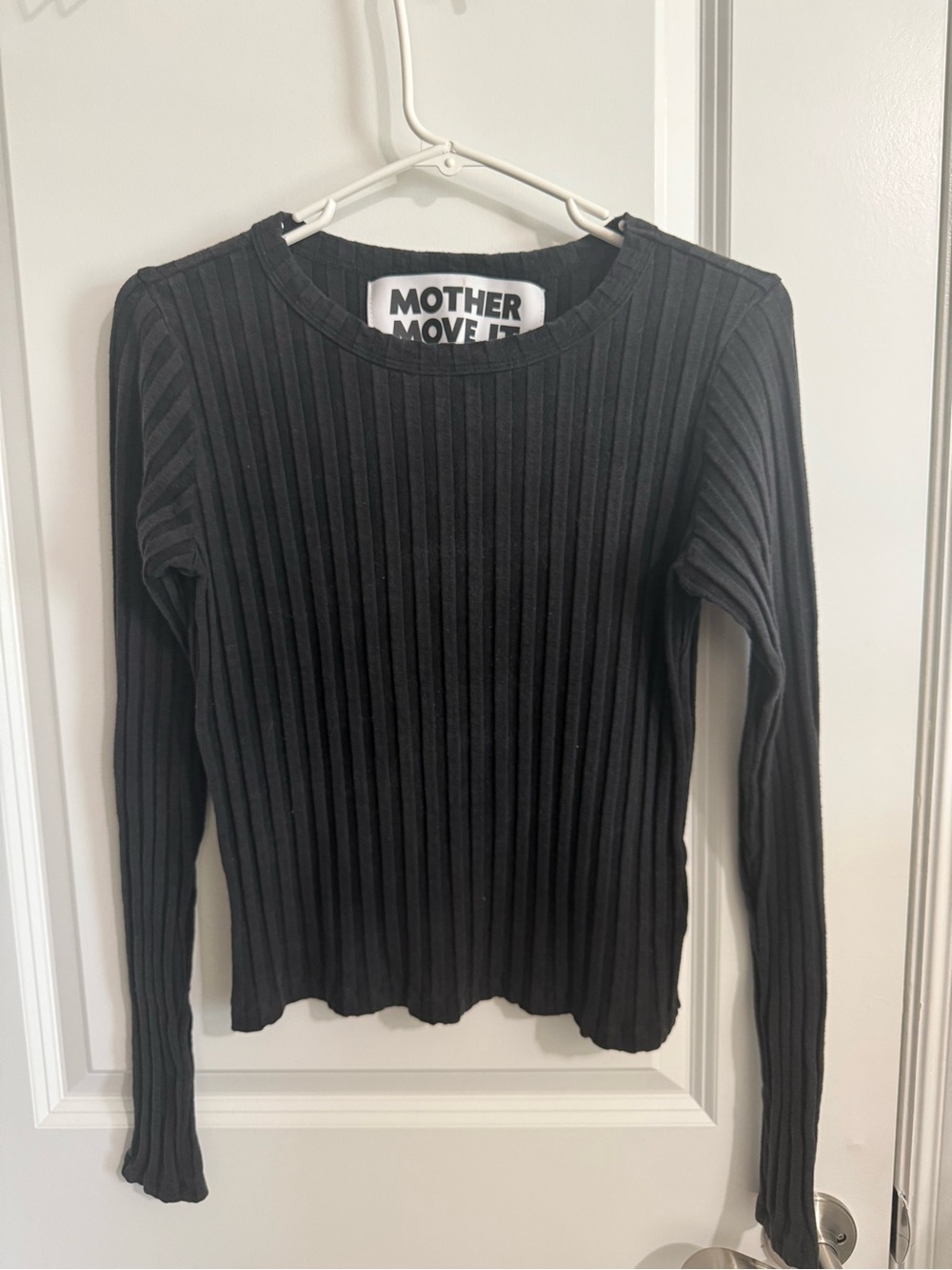 MOTHER Move It by MOTHER Ribbed Long-Sleeve Knit Top in Black